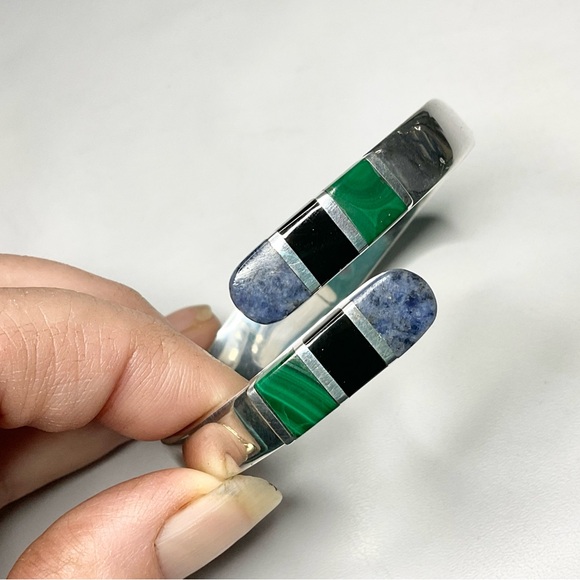 Heavy Sterling Silver Clamper Cuff Mexican Stone Tops - Picture 6 of 7